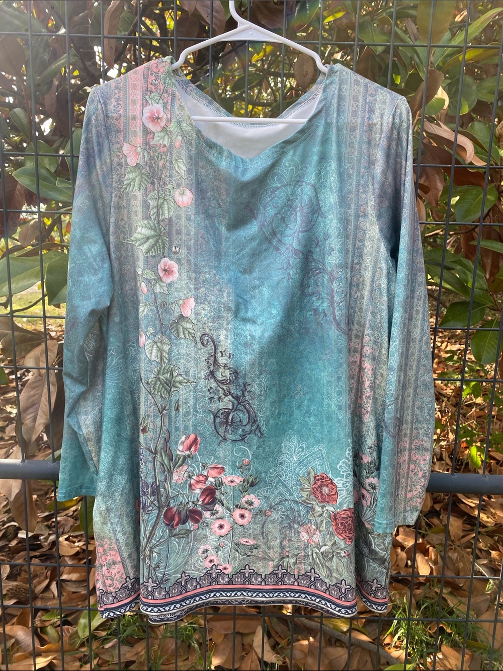 Women's Teal Floral Long Sleeve Tunic Top XL